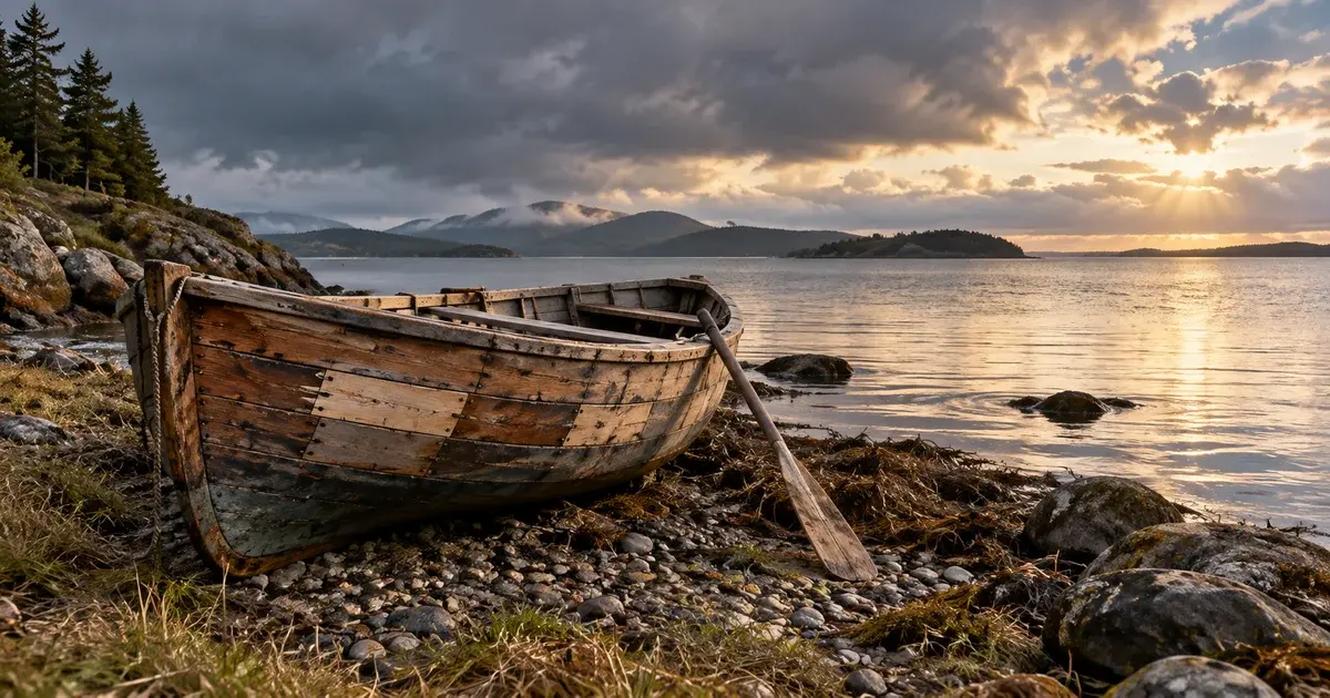 A weathered wooden boat on a rocky shore beneath a clearing sky.