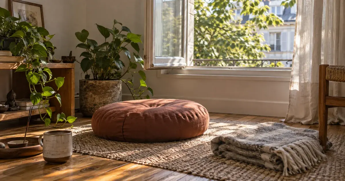 A meditation cushion and folded blanket beside a sunlit window.