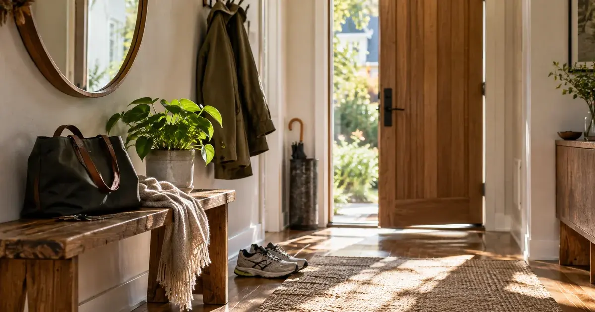 A sunlit entrance with a ready bag, coat, and shoes beside the open door.