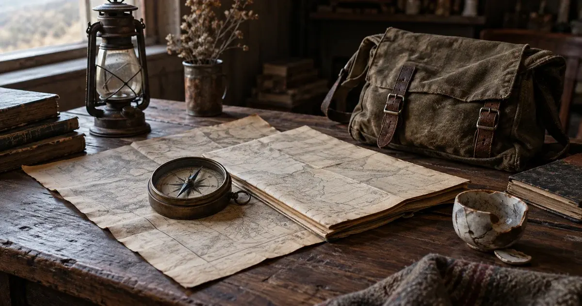 A canvas bag, compass, lantern, and folded map on a wooden table.