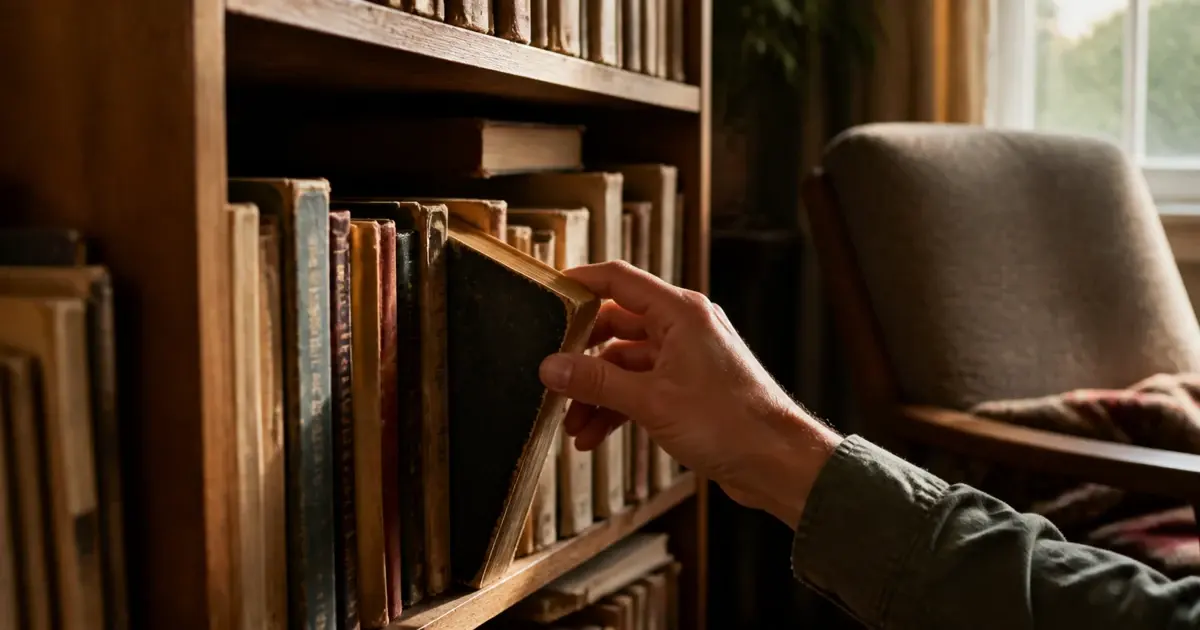 A hand selecting one worn unbranded book from a varied wooden bookshelf
