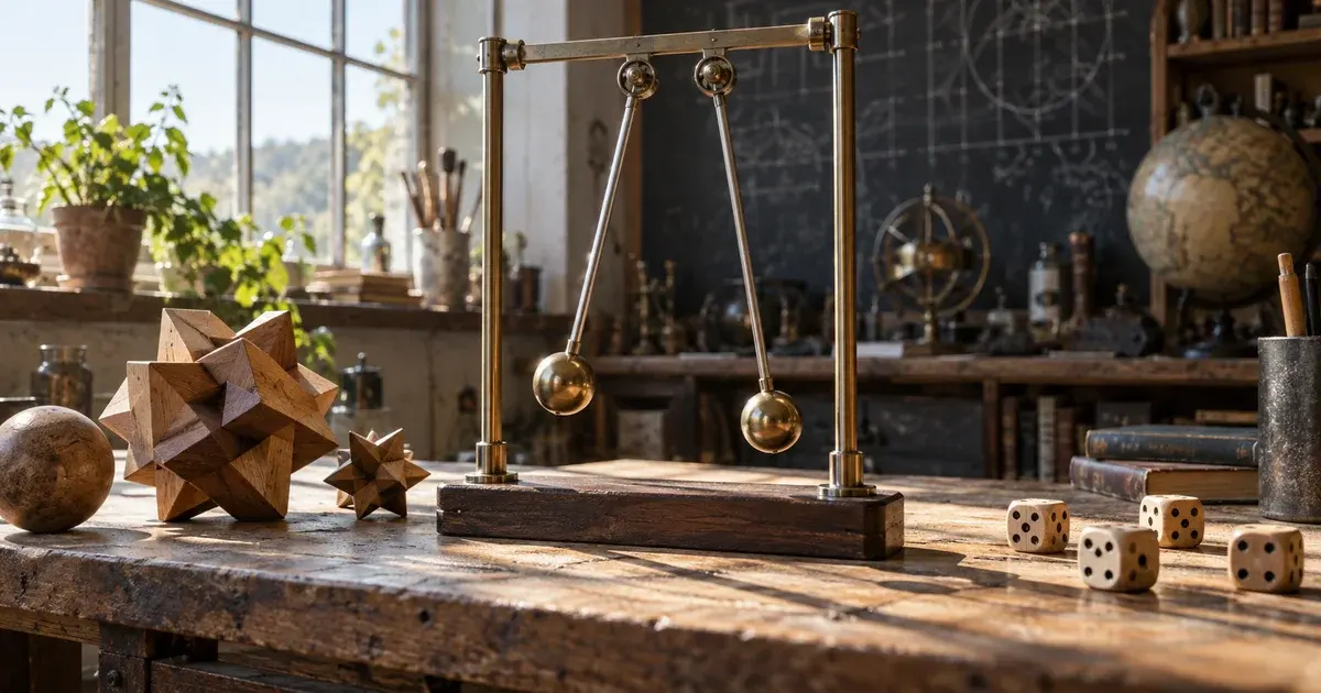 Geometric models, a balance, dice, and a globe in a mathematics study.