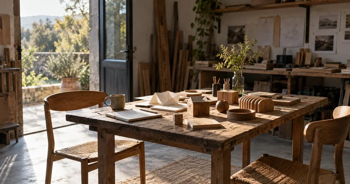 Chairs gathered around a workshop table with pottery and wooden objects.